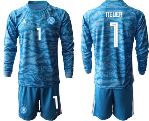 Germany #1 Neuer Blue Goalkeeper Long Sleeves Soccer Country Jersey