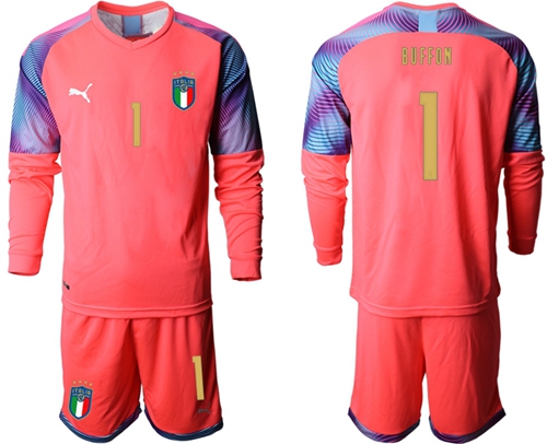 Italy #1 Buffon Pink Long Sleeves Goalkeeper Soccer Country Jersey