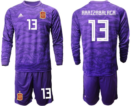 Spain #13 Arrizabalaga Purple Long Sleeves Goalkeeper Soccer Country Jersey