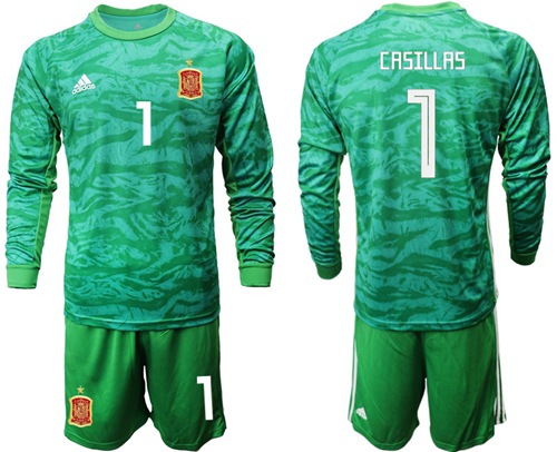 Spain #1 Casillas Green Long Sleeves Goalkeeper Soccer Country Jersey