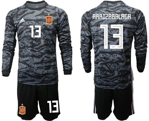Spain #13 Arrizabalaga Black Long Sleeves Goalkeeper Soccer Country Jersey