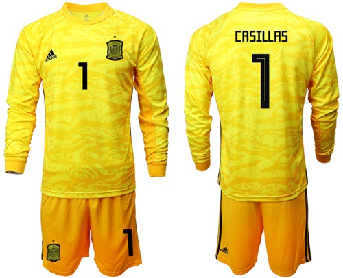 Spain #1 Casillas Yellow Long Sleeves Goalkeeper Soccer Country Jersey