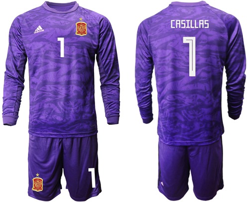 Spain #1 Casillas Purple Long Sleeves Goalkeeper Soccer Country Jersey