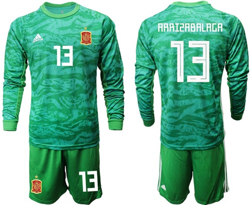 Spain #13 Arrizabalaga Green Long Sleeves Goalkeeper Soccer Country Jersey