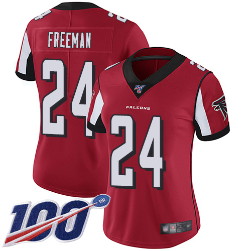 Falcons #24 Devonta Freeman Red Team Color Women's Stitched Football 100th Season Vapor Limited Jersey