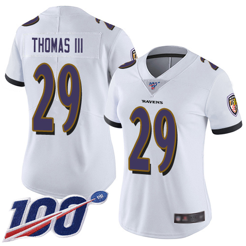 Ravens #29 Earl Thomas III White Women's Stitched Football 100th Season Vapor Limited Jersey
