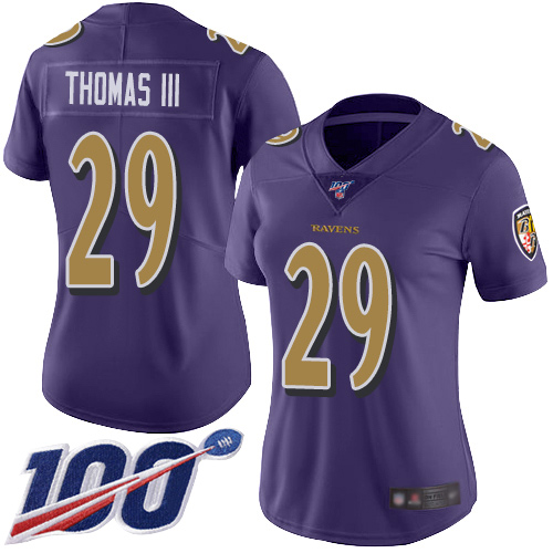 Ravens #29 Earl Thomas III Purple Women's Stitched Football Limited Rush 100th Season Jersey