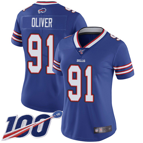Bills #91 Ed Oliver Royal Blue Team Color Women's Stitched Football 100th Season Vapor Limited Jersey