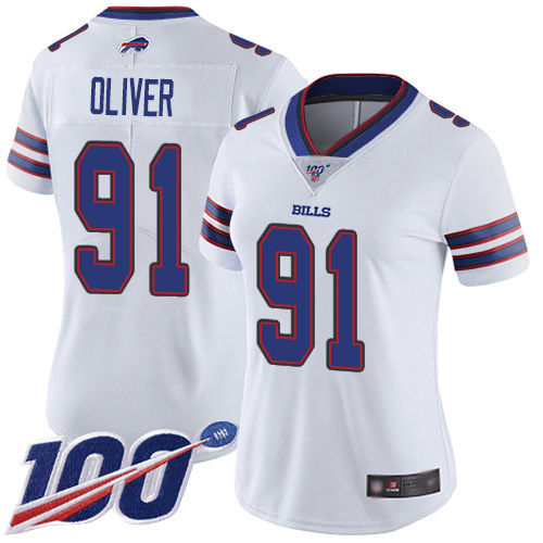 Bills #91 Ed Oliver White Women's Stitched Football 100th Season Vapor Limited Jersey