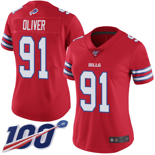 Bills #91 Ed Oliver Red Women's Stitched Football Limited Rush 100th Season Jersey