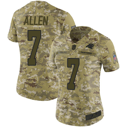 Panthers #7 Kyle Allen Camo Women's Stitched Football Limited 2018 Salute to Service Jersey