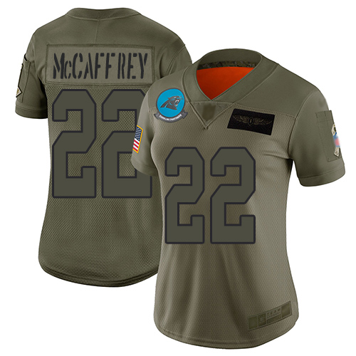 Panthers #22 Christian McCaffrey Camo Women's Stitched Football Limited 2019 Salute to Service Jersey