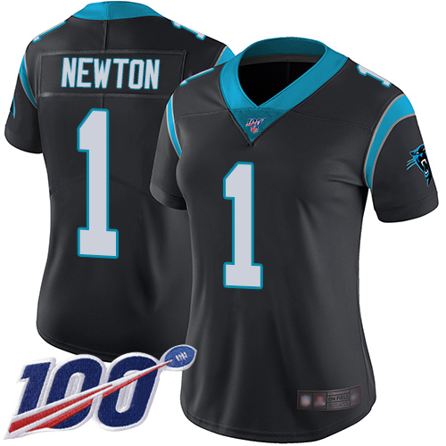 Panthers #1 Cam Newton Black Team Color Women's Stitched Football 100th Season Vapor Limited Jersey