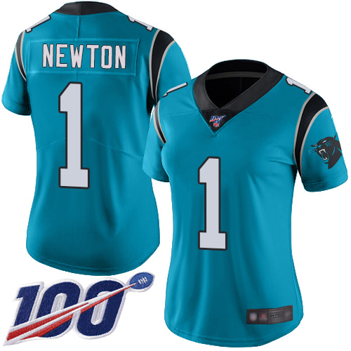 Panthers #1 Cam Newton Blue Alternate Women's Stitched Football 100th Season Vapor Limited Jersey