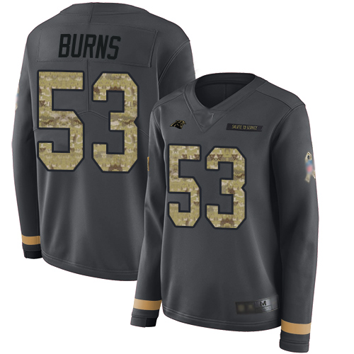 Panthers #53 Brian Burns Anthracite Salute to Service Women's Stitched Football Limited Therma Long Sleeve Jersey