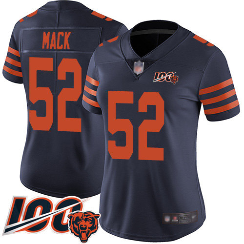 Bears #52 Khalil Mack Navy Blue Alternate Women's Stitched Football 100th Season Vapor Limited Jersey