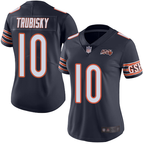 Bears #10 Mitchell Trubisky Navy Blue Team Color Women's Stitched Football 100th Season Vapor Limited Jersey
