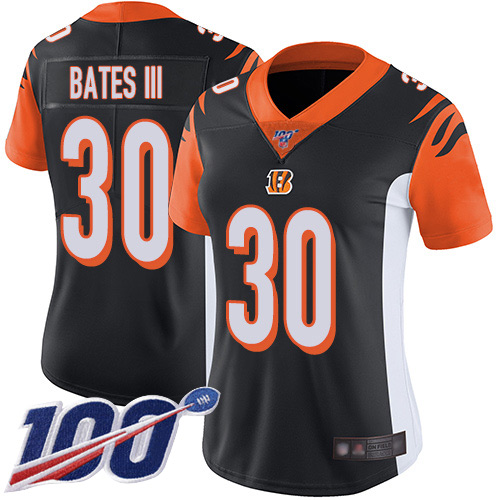 Bengals #30 Jessie Bates III Black Team Color Women's Stitched Football 100th Season Vapor Limited Jersey
