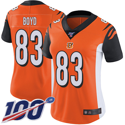 Bengals #83 Tyler Boyd Orange Alternate Women's Stitched Football 100th Season Vapor Limited Jersey