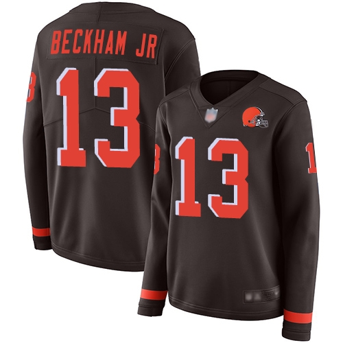 Nike Browns #13 Odell Beckham Jr Brown Team Color Women's Stitched NFL Limited Therma Long Sleeve Jersey