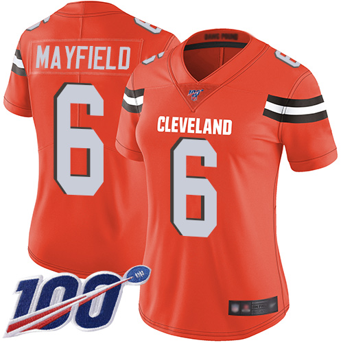 Browns #6 Baker Mayfield Orange Alternate Women's Stitched Football 100th Season Vapor Limited Jersey