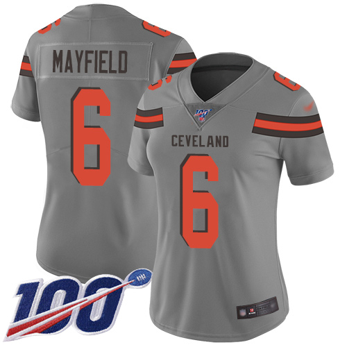 Browns #6 Baker Mayfield Gray Women's Stitched Football Limited Inverted Legend 100th Season Jersey