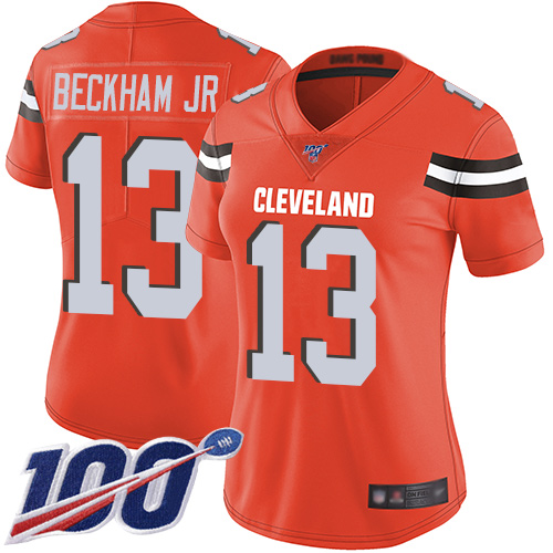 Browns #13 Odell Beckham Jr Orange Alternate Women's Stitched Football 100th Season Vapor Limited Jersey