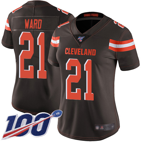 Browns #21 Denzel Ward Brown Team Color Women's Stitched Football 100th Season Vapor Limited Jersey