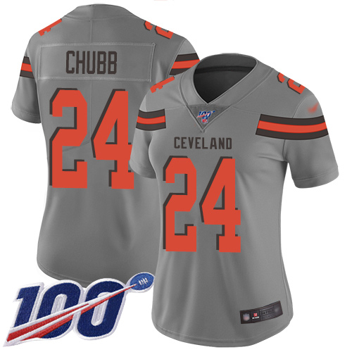 Browns #24 Nick Chubb Gray Women's Stitched Football Limited Inverted Legend 100th Season Jersey
