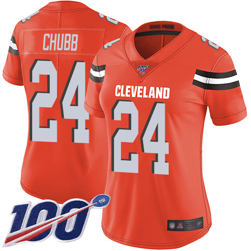Browns #24 Nick Chubb Orange Alternate Women's Stitched Football 100th Season Vapor Limited Jersey