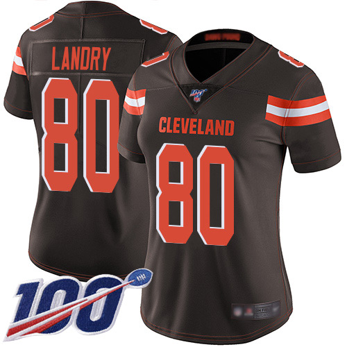 Browns #80 Jarvis Landry Brown Team Color Women's Stitched Football 100th Season Vapor Limited Jersey
