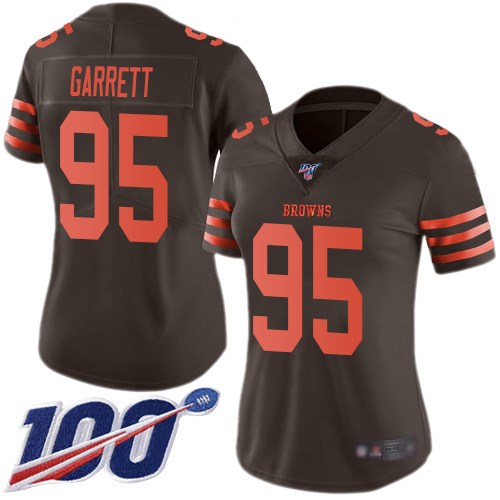 Browns #95 Myles Garrett Brown Women's Stitched Football Limited Rush 100th Season Jersey