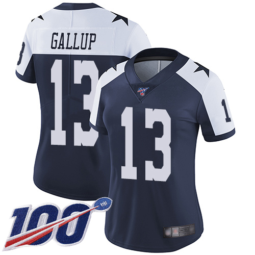 Cowboys #13 Michael Gallup Navy Blue Thanksgiving Women's Stitched Football 100th Season Vapor Throwback Limited Jersey