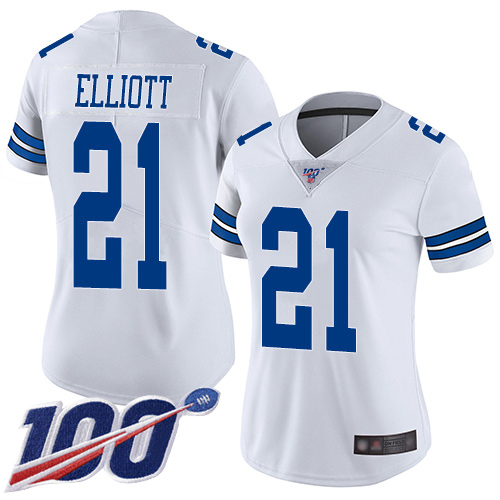 Cowboys #21 Ezekiel Elliott White Women's Stitched Football 100th Season Vapor Limited Jersey