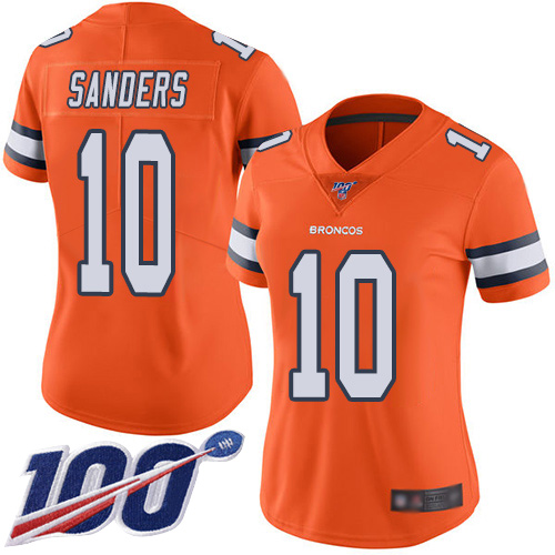 Broncos #10 Emmanuel Sanders Orange Women's Stitched Football Limited Rush 100th Season Jersey