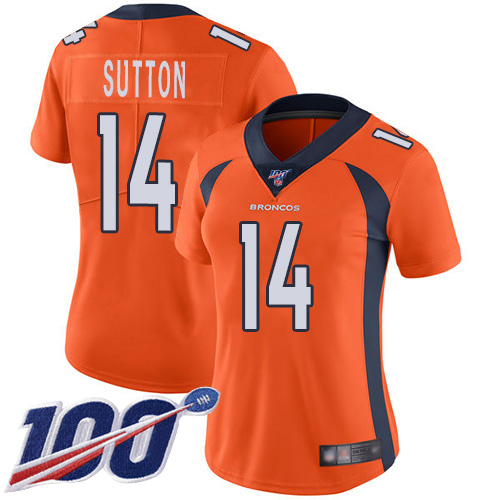 Broncos #14 Courtland Sutton Orange Team Color Women's Stitched Football 100th Season Vapor Limited Jersey