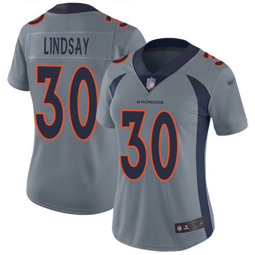 Broncos #30 Phillip Lindsay Gray Women's Stitched Football Limited Inverted Legend Jersey