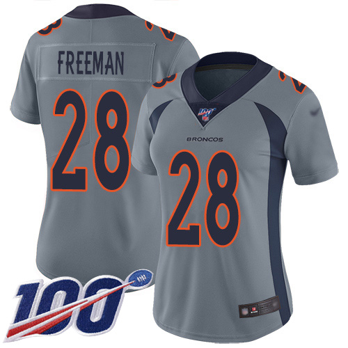 Broncos #28 Royce Freeman Gray Women's Stitched Football Limited Inverted Legend 100th Season Jersey
