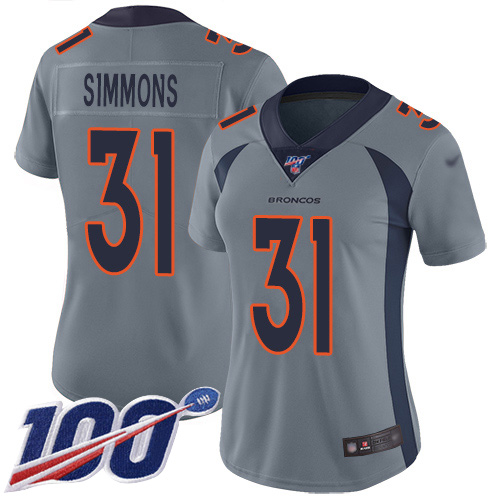 Broncos #31 Justin Simmons Gray Women's Stitched Football Limited Inverted Legend 100th Season Jersey