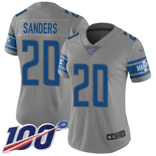 Lions #20 Barry Sanders Gray Women's Stitched Football Limited Inverted Legend 100th Season Jersey