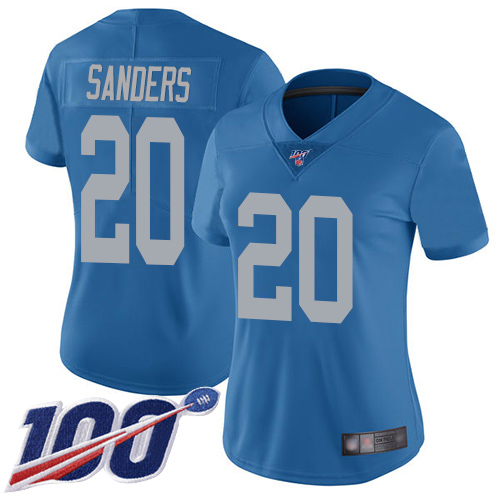 Lions #20 Barry Sanders Blue Throwback Women's Stitched Football 100th Season Vapor Limited Jersey
