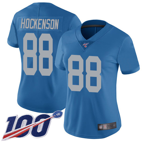Lions #88 T.J. Hockenson Blue Throwback Women's Stitched Football 100th Season Vapor Limited Jersey
