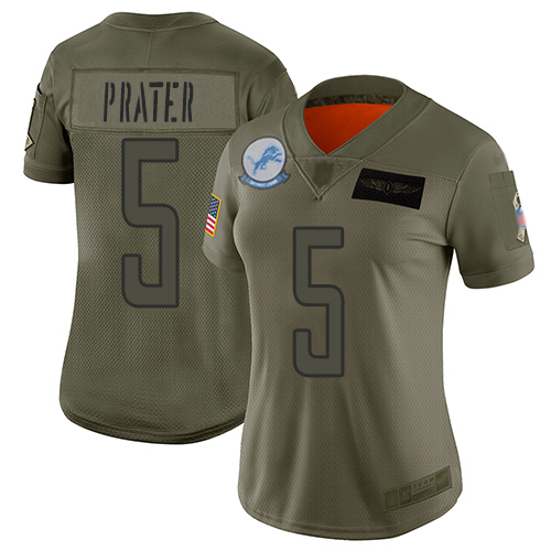 Lions #5 Matt Prater Camo Women's Stitched Football Limited 2019 Salute to Service Jersey