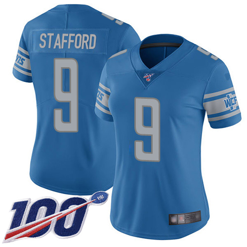 Lions #9 Matthew Stafford Blue Team Color Women's Stitched Football 100th Season Vapor Limited Jersey
