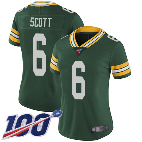 Packers #6 JK Scott Green Team Color Women's Stitched Football 100th Season Vapor Limited Jersey