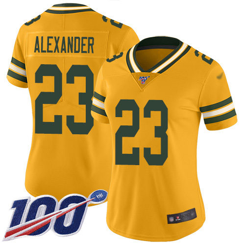 Packers #23 Jaire Alexander Gold Women's Stitched Football Limited Inverted Legend 100th Season Jersey