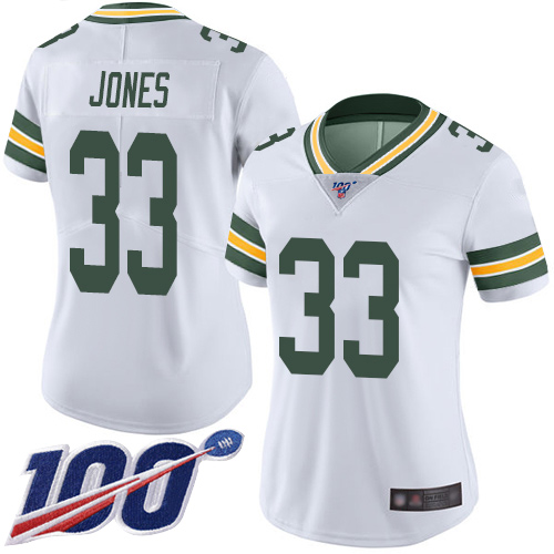 Packers #33 Aaron Jones White Women's Stitched Football 100th Season Vapor Limited Jersey