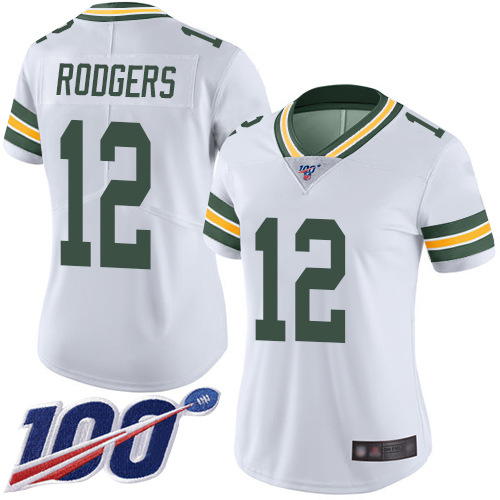 Packers #12 Aaron Rodgers White Women's Stitched Football 100th Season Vapor Limited Jersey