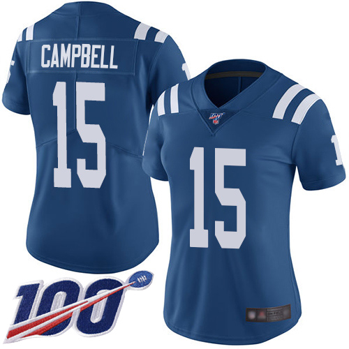Colts #15 Parris Campbell Royal Blue Team Color Women's Stitched Football 100th Season Vapor Limited Jersey