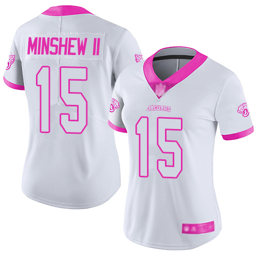Jaguars #15 Gardner Minshew II White/Pink Women's Stitched Football Limited Rush Fashion Jersey